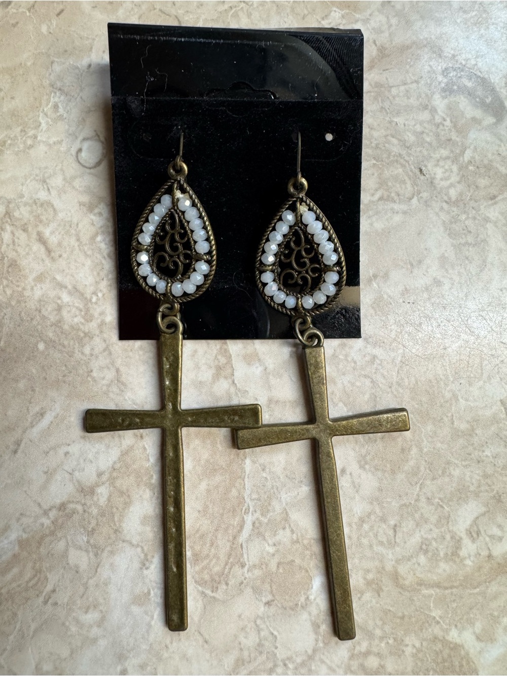 Boho Antique Gold Cross Dangle Summer Festival Earrings NWT